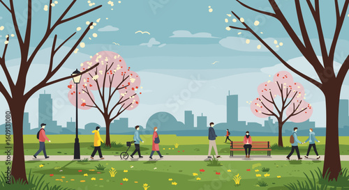 Spring day in the park with people walking and relaxing among cherry blossom trees. Vector illustration