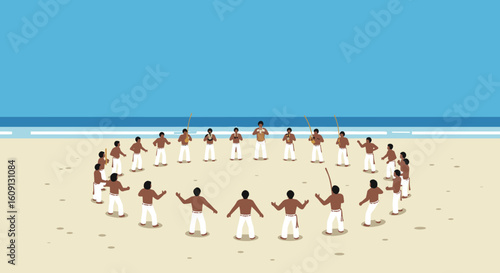 Men practicing capoeira on beach in circle formation. Vector illustration