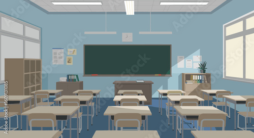 Empty classroom with chalkboard and desks in a bright, modern educational setting. Vector illustration