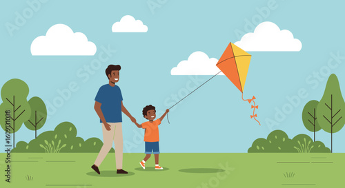 Father and son kite flying in park on a sunny day. Vector illustration