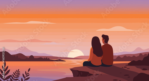 Couple watching sunset by lake – romantic evening landscape with mountains and water. Vector illustration