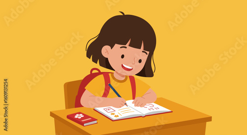 Animated young girl drawing at school desk with backpack. Vector illustration