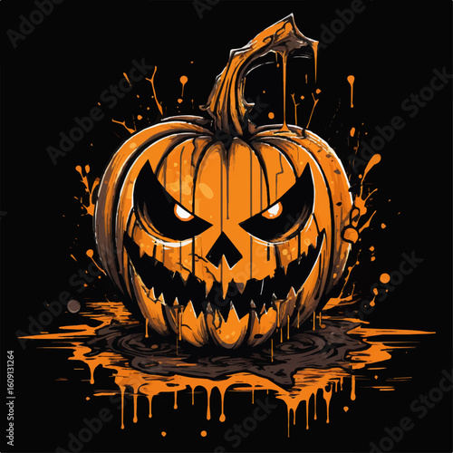 Scary Halloween Pumpkin Cartoon Vector on Black Background | Wabi-Sabi Style