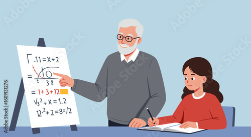 Elderly caucasian male teaching math to hispanic female child with equation on whiteboard. Vector illustration