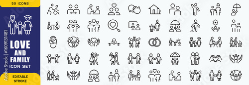 Family and love icon set. Containing parents, mother, father, children, baby, grandparents and household icons. Solid icon collection. Vector illustration
