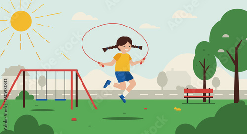 Young caucasian girl jumping rope in sunny park playground. Vector illustration