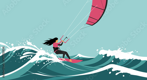 Female kiteboarder riding waves in vibrant ocean scene with pink sail. Vector illustration