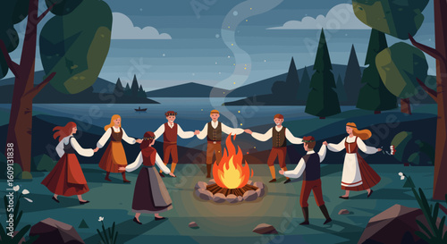 Group of young adults in traditional clothing dance around campfire in forested lakeside setting. Vector illustration