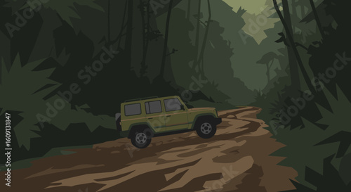 Off-road adventure: green suv navigates muddy forest path in lush jungle setting. Vector illustration