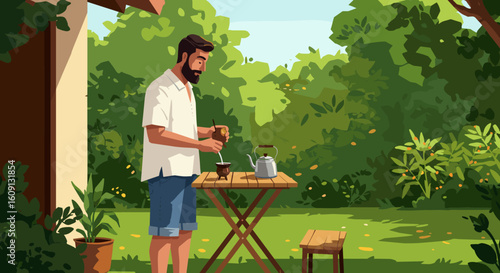 Young hispanic male preparing mate in lush garden. Vector illustration