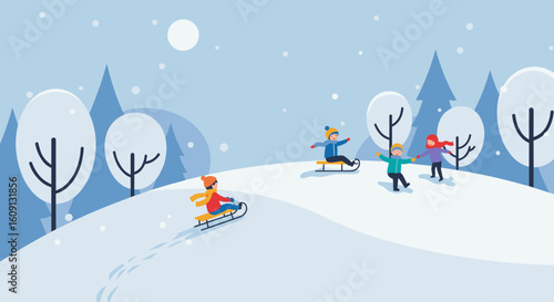 Children sledding and playing in a snowy winter landscape with trees and moon. Vector illustration