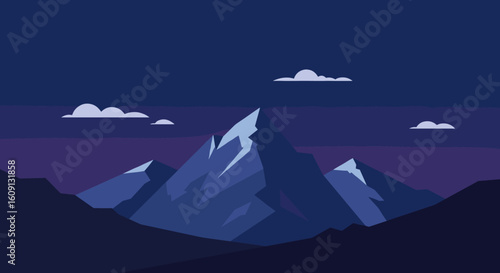 Majestic nighttime mountain landscape with snowy peaks and clouds. Vector illustration