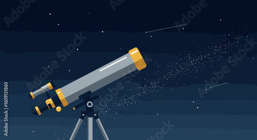Telescope stargazing in night sky with shooting stars and constellations. Vector illustration