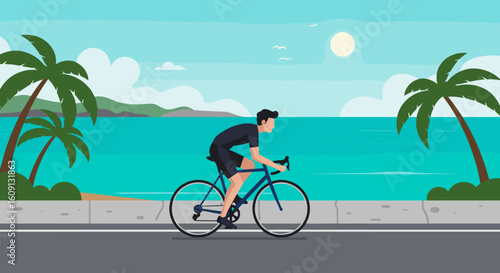 Young caucasian male cycling along tropical coastline in scenic summer landscape. Vector illustration