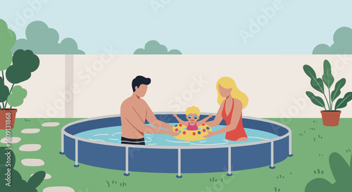 Family fun in pool: caucasian male adult, female adult, and child enjoy summer day. Vector illustration
