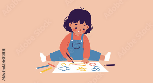 Young asian child drawing with crayons on paper in overalls and smiling cheerfully. Vector illustration