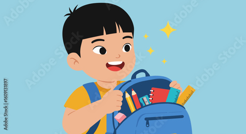 Asian male child joyfully holding backpack filled with school supplies. Vector illustration