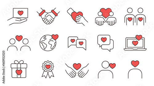 Flat Vector Icons Set Red Hearts Love Charity Donation Global Community Support Gift Award Teamwork