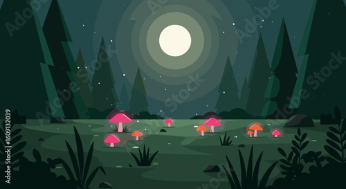 Moonlit night over enchanted forest with glowing mushrooms and pine trees. Vector illustration