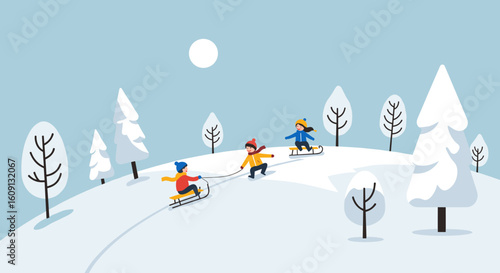 Children sledding on snowy hill in winter wonderland with evergreen trees. Vector illustration