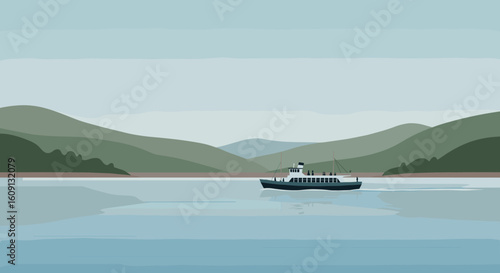 Serene lake scene with ferry on calm waters and distant hills in pastel colors. Vector illustration