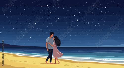Romantic evening stroll: young caucasian couple embracing on starry beach night. Vector illustration