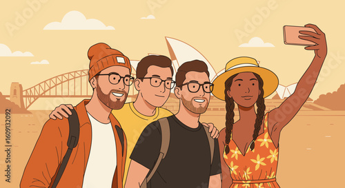 Diverse group of young friends taking selfie in front of sydney opera house and harbour bridge. Vector illustration