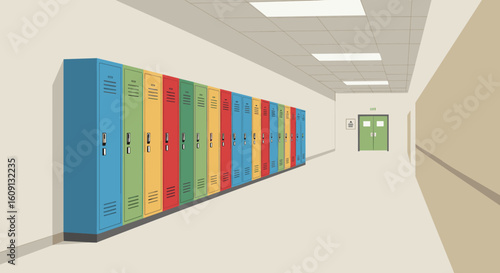 Empty school hallway with colorful lockers on a bright day. Vector illustration