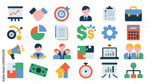 Colorful Flat Vector Icon Set Business Finance Teamwork Strategy Marketing Management Planning