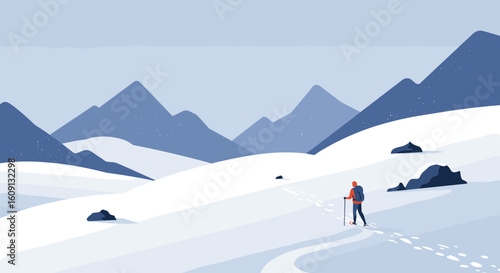 Male hiker in snowy mountain landscape with blue skies. Vector illustration