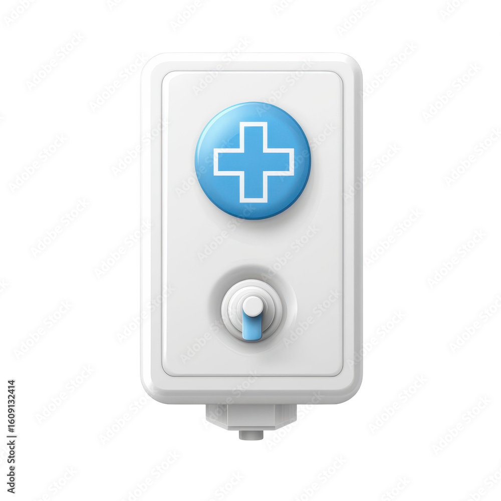 Fototapeta premium Blue medical cross symbol on white wall-mounted first aid box with round knob, emergency healthcare equipment icon style illustration for clinic and safety signage isolated on Transparent