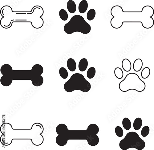 Collection of simple dog bone and paw print icons in black and white styles