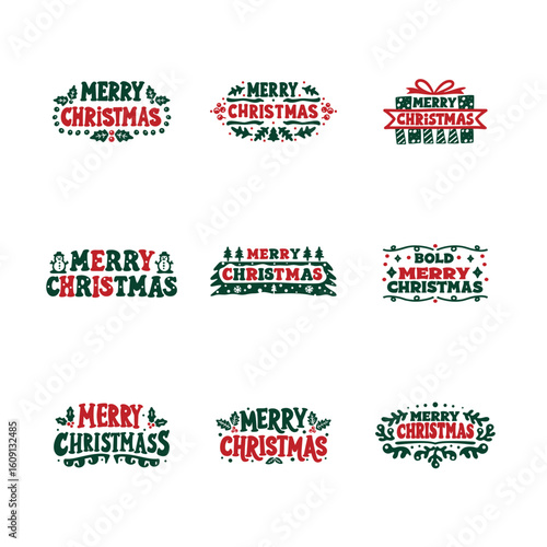 Collection of Merry Christmas Decorative Text Designs in Red and Green