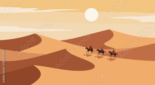 Silhouette of three riders crossing a sunlit desert landscape. Vector illustration