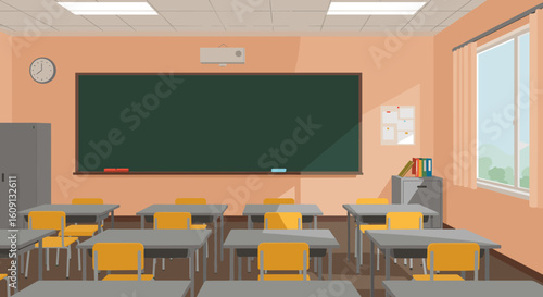 Empty classroom with chalkboard and desks in brightly lit educational setting. Vector illustration