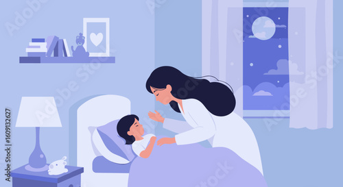 Caucasian woman tucking child into bed at night in serene bedroom illustration. Vector illustration
