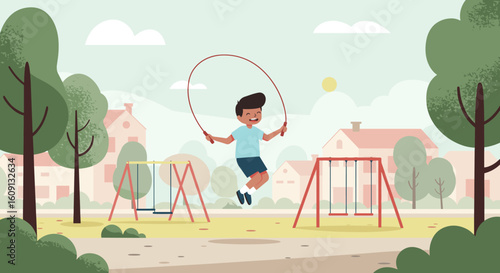 Young hispanic male child jumping rope in park playground with swings. Vector illustration