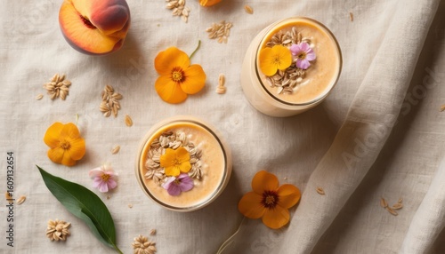 Wallpaper Mural Delightful Smoothie Arrangement: A close-up shot showcases the delightful presentation of two refreshing smoothies garnished with edible flowers, grains, and a fresh peach. Torontodigital.ca