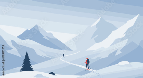 Snowy mountain landscape with hikers in winter. Vector illustration