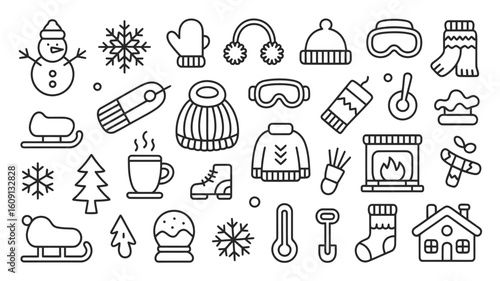 Winter Holiday Icons Set Black and White Line Art Snowflakes Snowman Sled Boots Hat Mittens Sweater