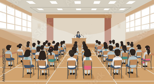 School assembly with diverse children and female teacher in auditorium. Vector illustration