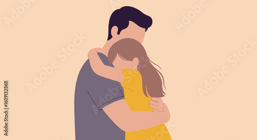 Caucasian adult male embracing young female in comforting hug on beige background. Vector illustration