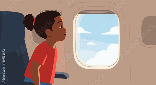 Young african female child gazes out airplane window at sky and clouds. Vector illustration