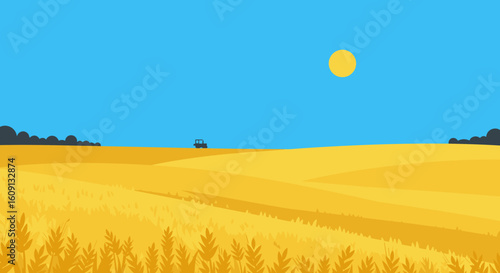 Sunny rural landscape with tractor on golden wheat fields under clear blue sky. Vector illustration