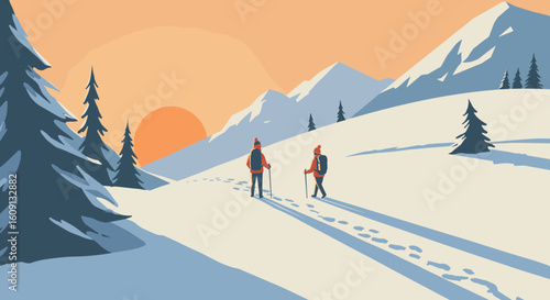 Winter hiking adventure at sunrise with two adults in snowy mountain landscape. Vector illustration