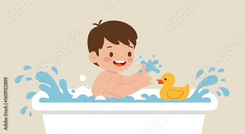 Young caucasian male child enjoying bathtub playtime with rubber duck. Vector illustration