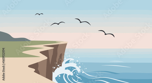 Scenic coastal cliff with seagulls and ocean waves in minimalist style. Vector illustration