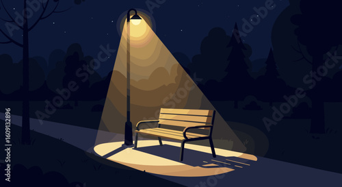 Night park bench under street lamp in serene moonlit park setting. Vector illustration