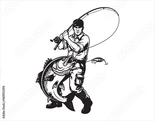 A guy with a spinning rod caught a massive fish. It's either a sport or a logo. Vector illustration, standalone.