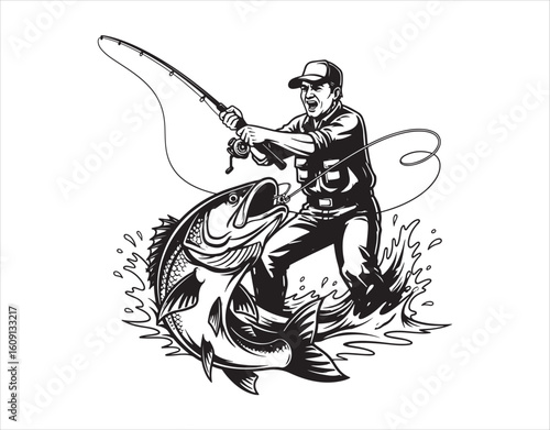 A fisherman using a spinning rod landed a huge fish. It's a sport or a symbol. Vector illustration, isolated.